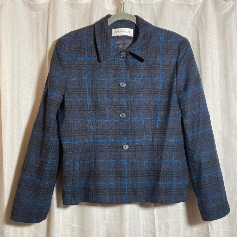 Jones New York‎ Wool Cashmere Plaid Blazer Jacket Blue Grey Woolmark Coat M
